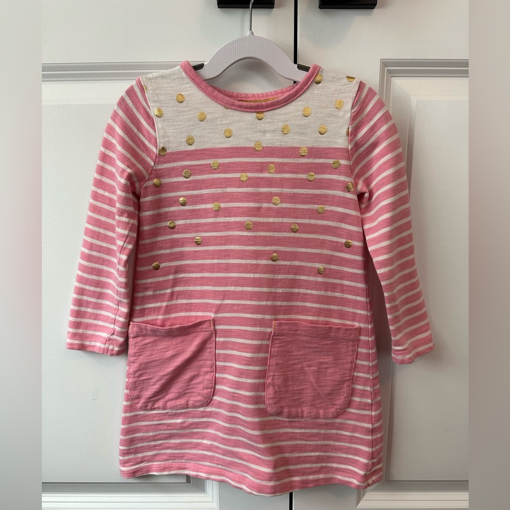 Mini Boden Girls Pink Striped with Pockets and Gold Dots Cotton Dress (Size 3-4)